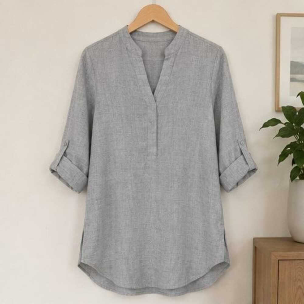 Gray Split Neck Tunic Blouse